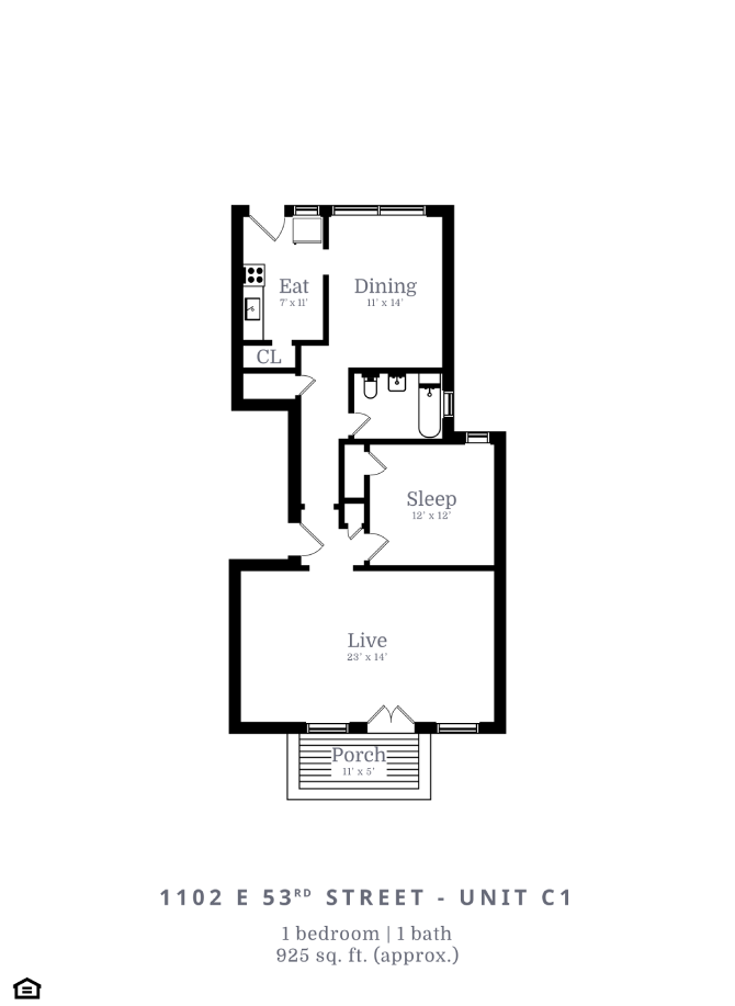 Floor plan for 2 beds, 1 bath, 1285 sqft